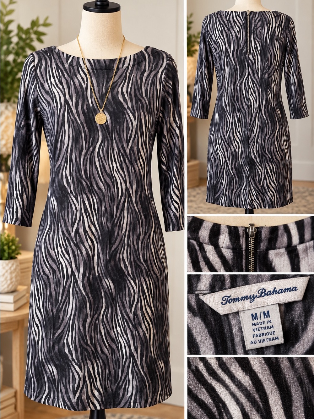 Tommy Bahama Women’s M Zebra Print TENCEL Modal Stretch Shift Dress 3/4 Sleeve